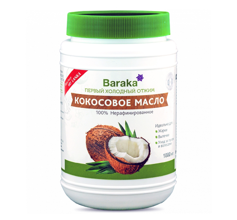 Кокосовое масло нерафинированное первого холодного отжима Baraka, 1000 мл.